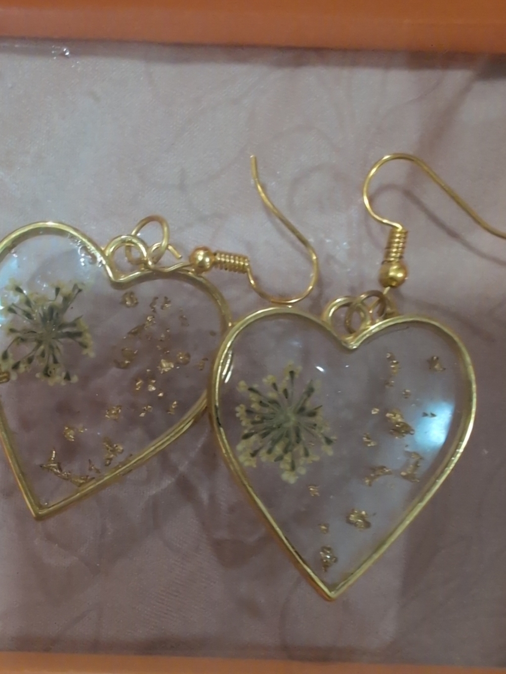 Gold Heart Dandelion Resin Drop Earrings - Women Jewelry Handmade Real Flowers